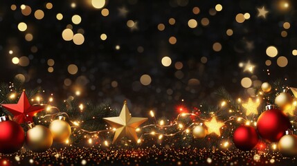 Seamless Christmas banner with glowing lights, golden stars, and red balls, creating a festive garland on a clear transparent background.