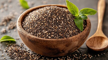 Chia Seeds in Wooden Bowl with Basil and Spoon Close-up