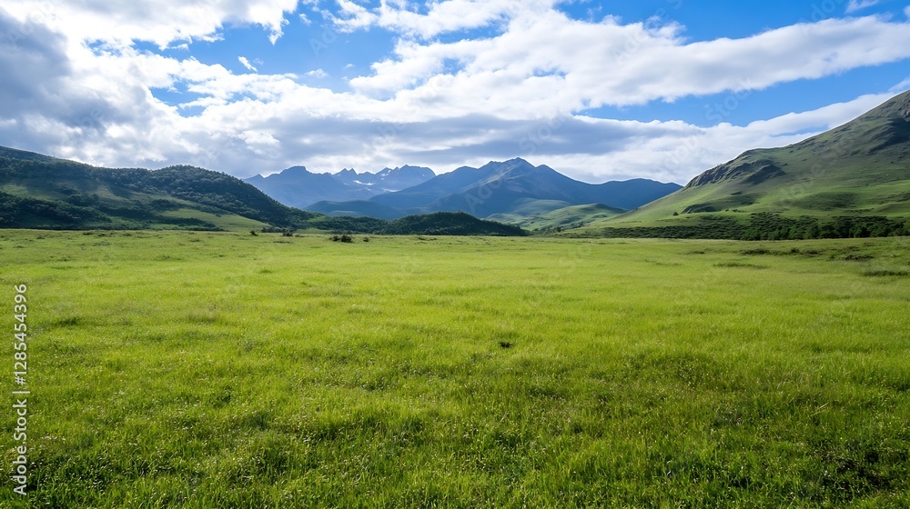Aufkleber expansive green meadow surrounded by majestic mountains and cloudy sky : generative ai