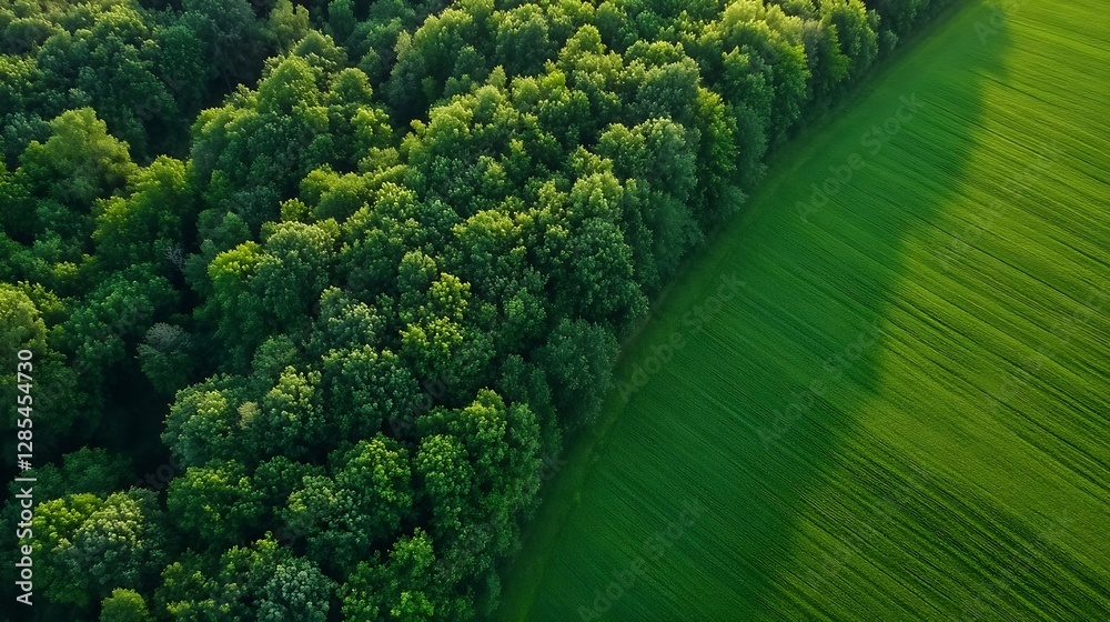 Poster Aerial view of lush green forest edges surrounding a vibrant field landscape : Generative AI