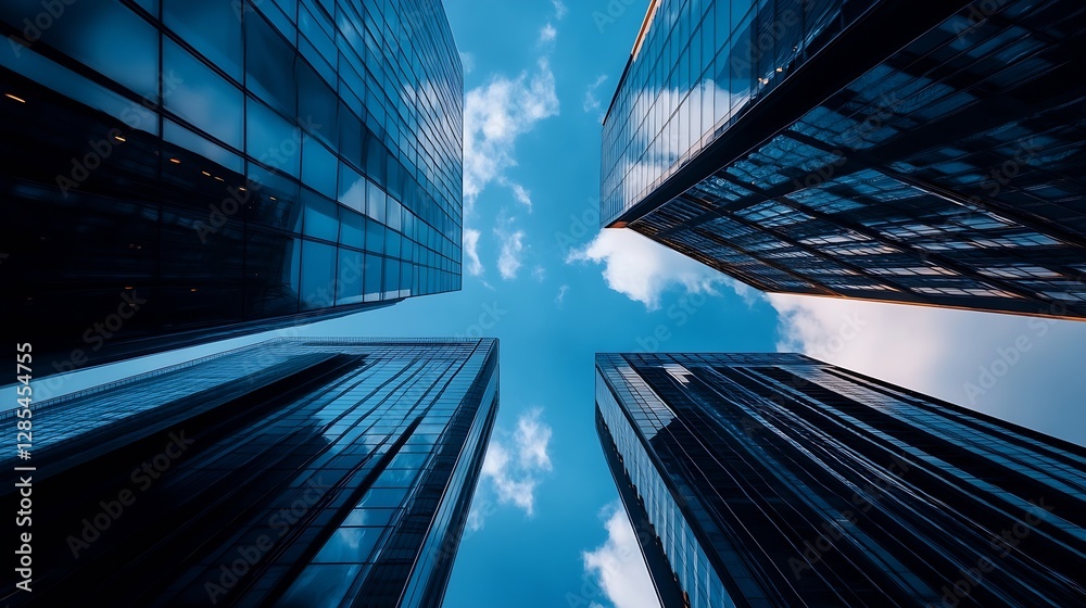 Poster modern skyscrapers reaching to the sky with clouds in a clear blue urban setting : generative ai