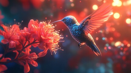 Hummingbird feeding on vibrant red flower at sunset.