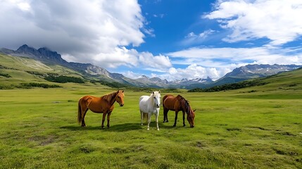 Obraz premium Majestic Horses Grazing in Lush Green Meadow Under Bright Blue Sky : Generative AI
