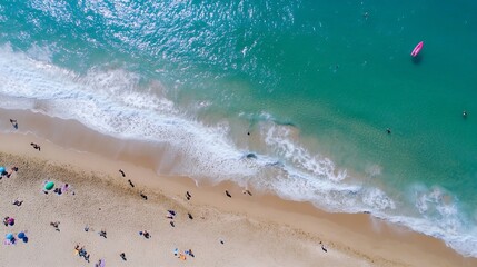Aerial view of a beautiful sandy beach with turquoise water and sunbathers enjoying summer vibes : Generative AI