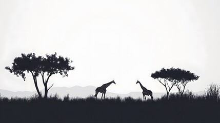 Silhouette of cranes by water, elegant birds standing near trees in tranquil landscape, perfect for nature themes and tranquility.
