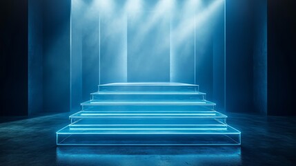 Fototapeta premium Empty premium podium with futuristic clear glass steps, dramatic lighting creating an elegant atmosphere in an arena 