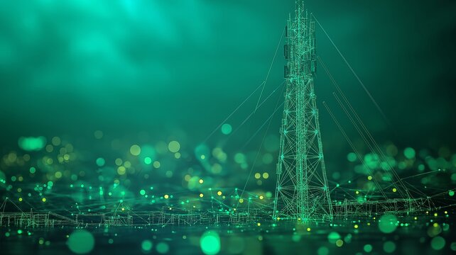 A low-poly wireframe digital telecommunication tower with antennas