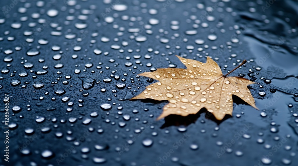 Poster Autumn leaf on wet ground with raindrops creating a serene natural scene : Generative AI