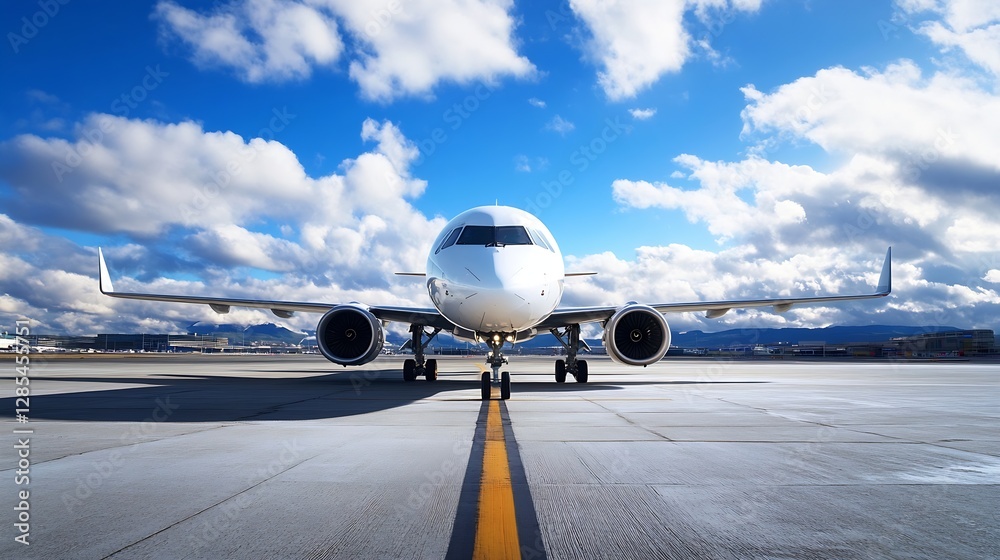 Aufkleber airplane front view on tarmac under blue sky and clouds at airport : generative ai