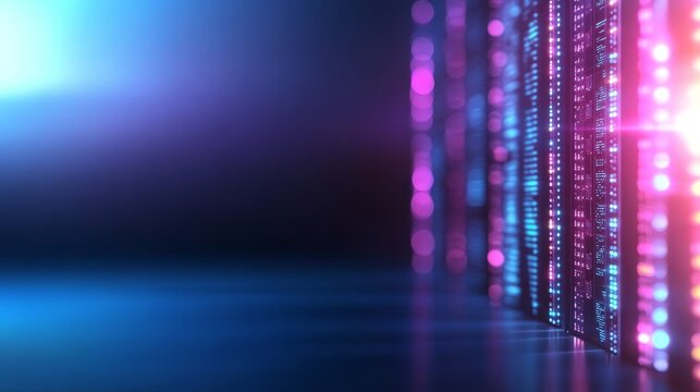 Futuristic server room, glowing code, vibrant colors