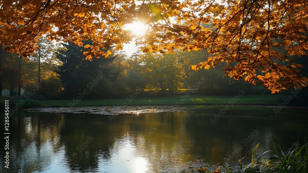 Poster golden autumn leaves framing a tranquil pond with sun shining through branches : generative ai