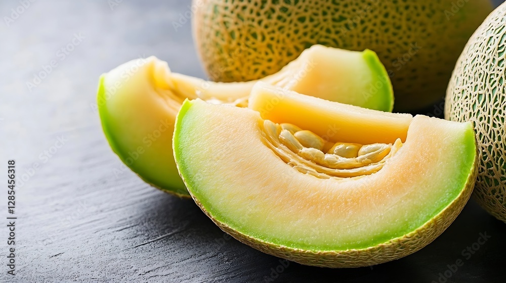 Aufkleber fresh sliced melon on dark surface with juicy green and orange slices : generative ai