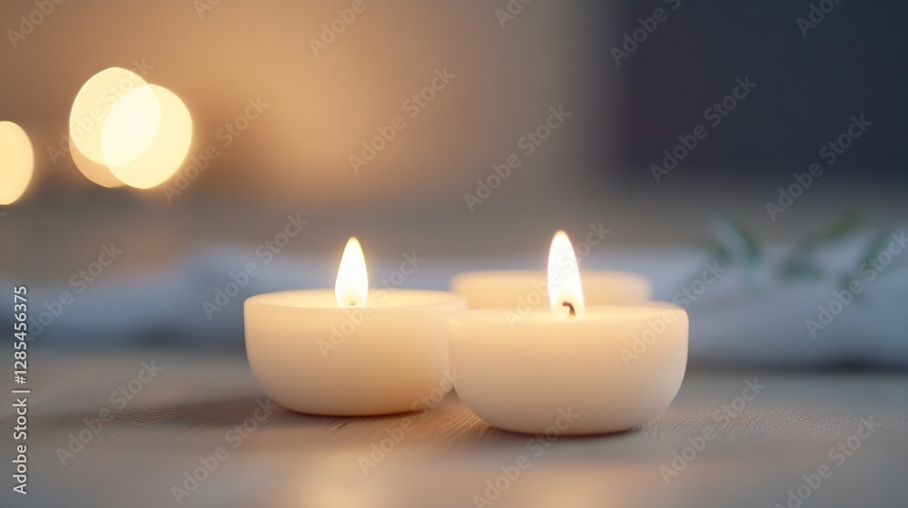 Poster tranquil white candles on a wooden surface creating a serene ambience in soft focus : generative ai