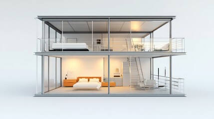 Two-story modern house cutaway architectural model showing interior design and rooms.