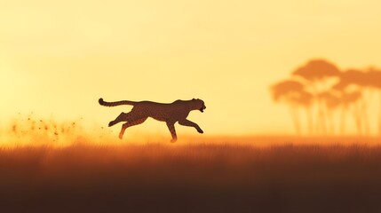 Running cheetah in golden sunset, wild majestic feline sprinting across open savannah, emphasizes speed and agility.