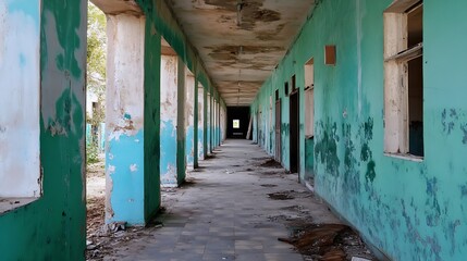 Fototapeta premium Abandoned Corridor of an Old Building with Cracked Walls and Faded Paint : Generative AI