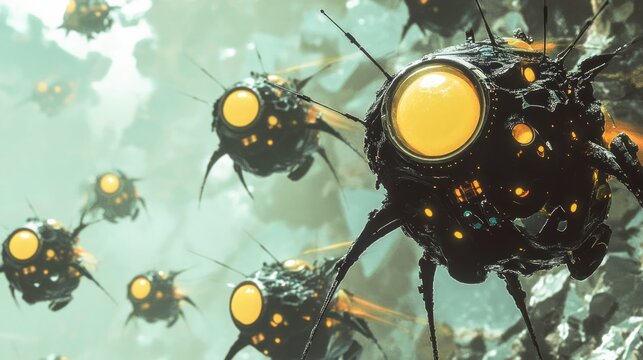 Swarm of futuristic robotic drones in flight.