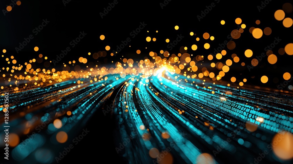 Poster an abstract visualization of data packets traveling at high speeds through a network of interconnect