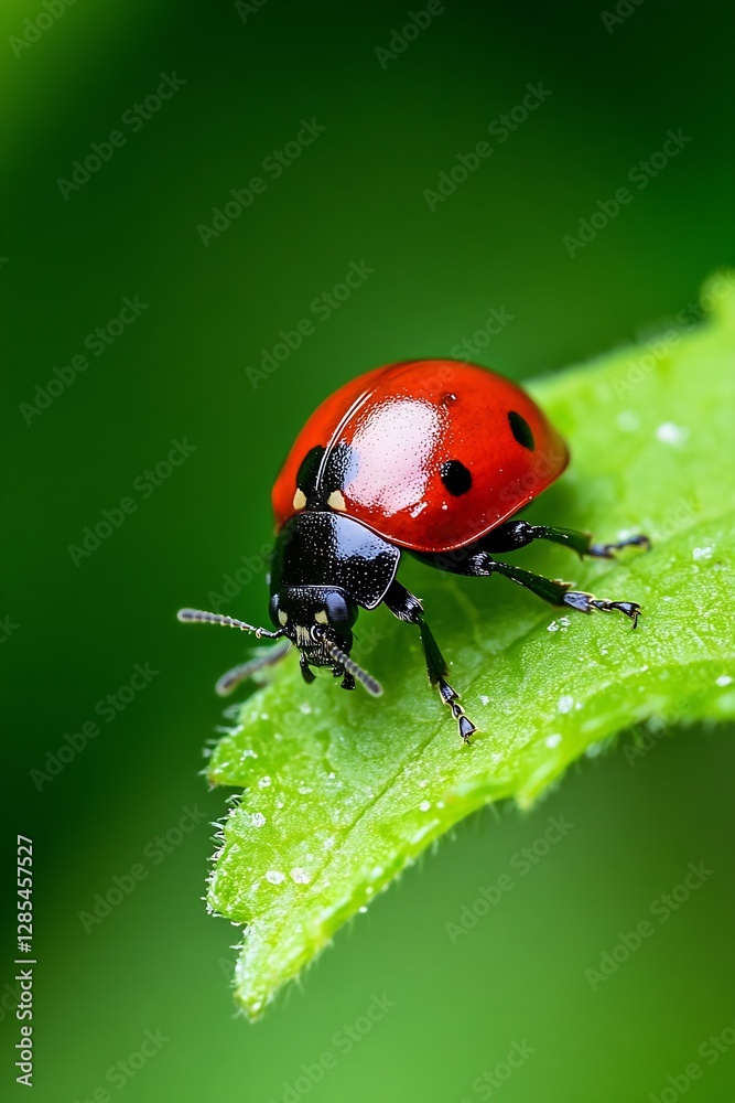 Poster close-up view of a bright red ladybug sitting on a green leaf in nature : generative ai