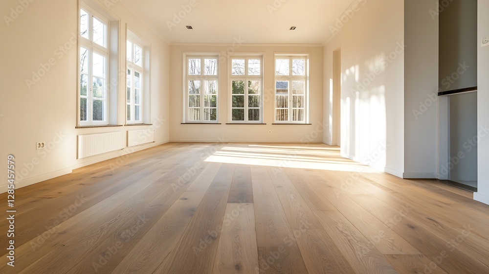 Poster bright and airy empty room with large windows showcasing natural light on wooden flooring : generati
