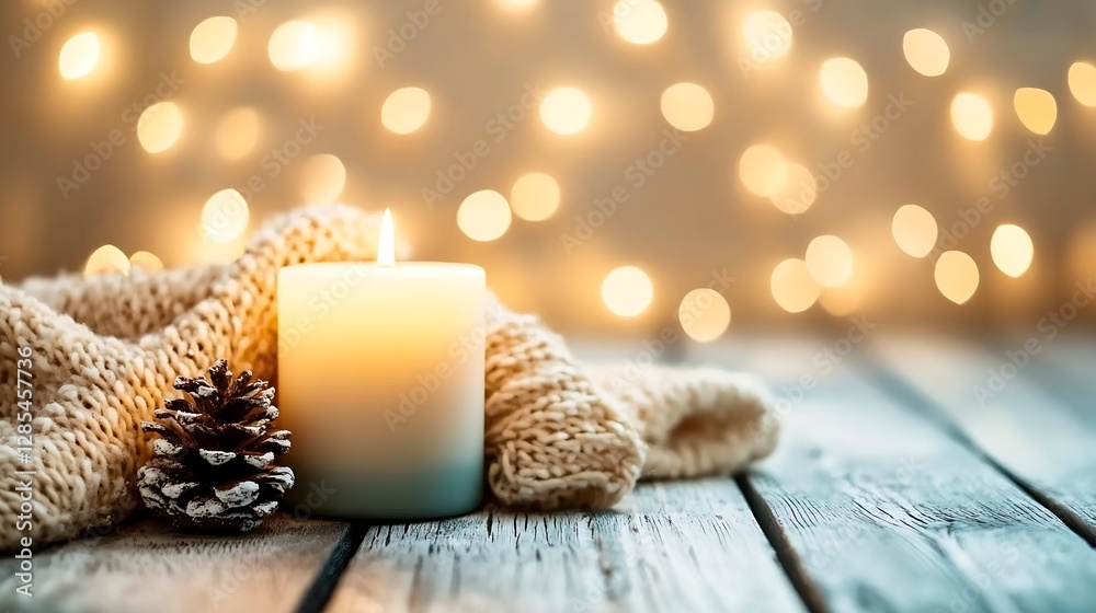 Aufkleber Relaxing candlelight scene with pinecones and soft textiles for cozy vibes : Generative AI