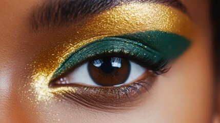 Closeup of a womans eye with gold and green eyeshadow