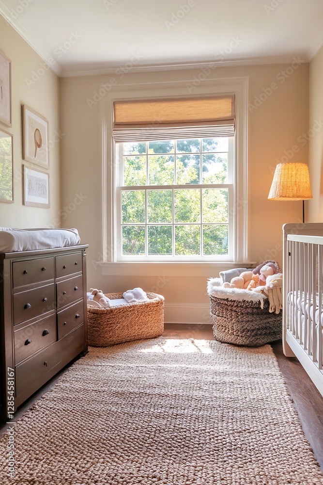 Aufkleber stylish baby nursery with cozy crib and natural light filtering through the window : generative ai