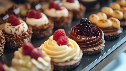 Delicious Assorted Mini Desserts Featuring Creamy Toppings and Fresh Berries : Generative AI