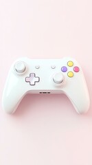 Modern white gaming controller on pastel backdrop.