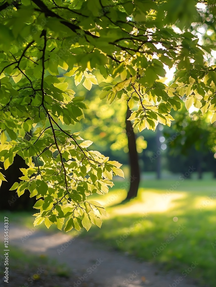 Poster sunlight filtering through fresh green leaves on tree branch in lush park : generative ai