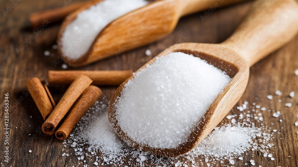 Aufkleber wooden spoons with sugar and cinnamon sticks on rustic kitchen table : generative ai