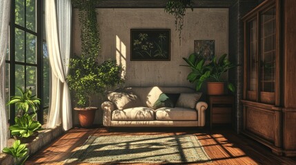 Cozy Living Room With Warm Sunlight and Lush Greenery, Inviting Atmosphere for Relaxation and Comfort