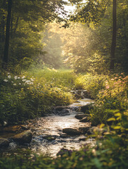 Obraz premium A serene landscape of a tranquil forest clearing with soft golden sunlight filtering through the lush green canopy, a gentle stream flowing over smooth stones. 