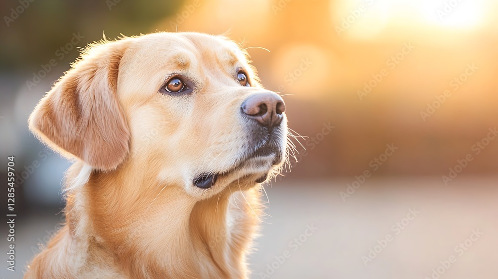 Aufkleber Golden retriever portrait with soft sunlight haloing its face in a warm setting : Generative AI