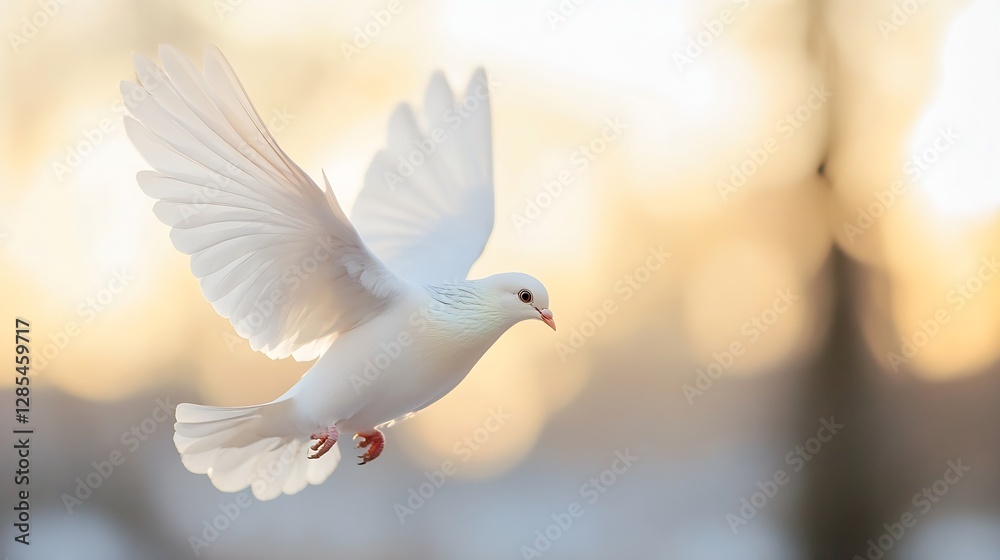 Poster Elegant White Dove in Flight with Soft Bokeh Background : Generative AI