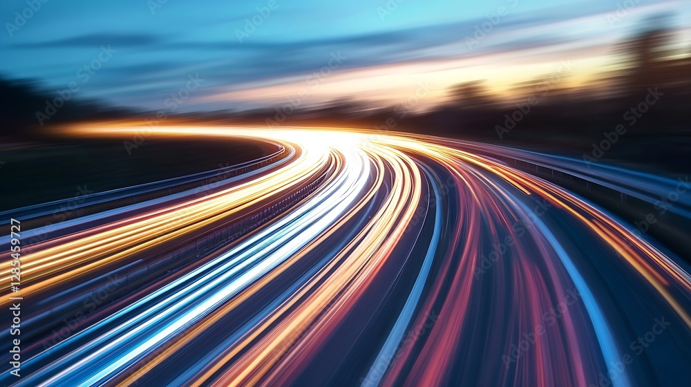 Aufkleber Streaks of Light from Vehicles Creating Dynamic Motion Blur at Twilight : Generative AI