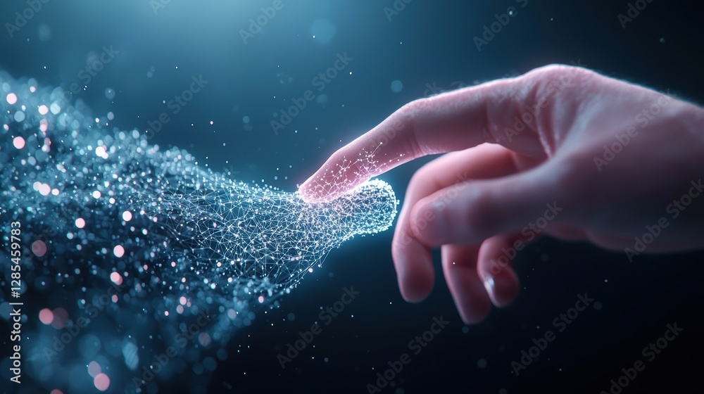Wall mural a hand reaching out to touch a holographic object in a virtual space, blurring the lines between the