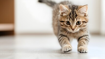 Obraz premium Playful Kitten Crawling on Floor in Bright Indoor Space