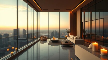 An ultra-modern penthouse apartment with panoramic city views, elegant decor, and soft ambient lighting.