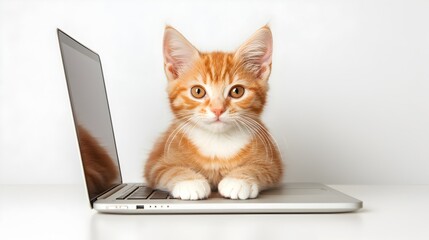 Cute Orange Cat Sitting on Laptop Displaying Playful Behavior