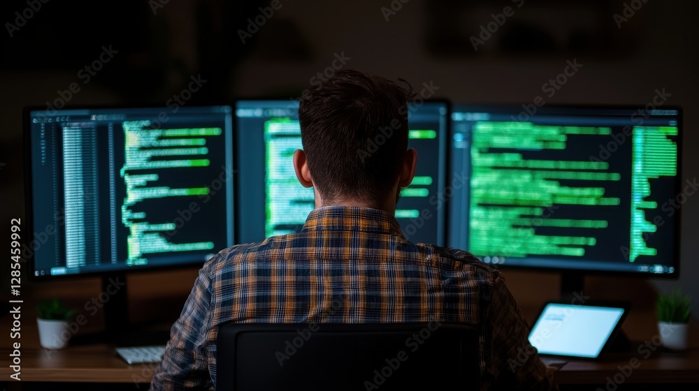 Poster remote work telecommuting digital trends concept. a person is focused on coding at multiple computer