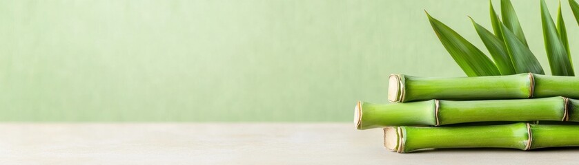 Obraz premium A serene arrangement of green bamboo stalks and vibrant leaves against a soft green backdrop, evoking a sense of tranquility and nature.