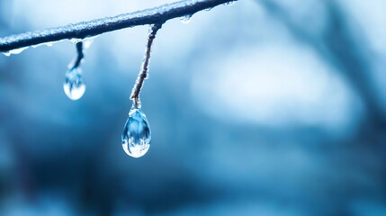 Close-Up of Water Droplets on a Frosty Tree Branch Reflecting Nature's Beauty : Generative AI