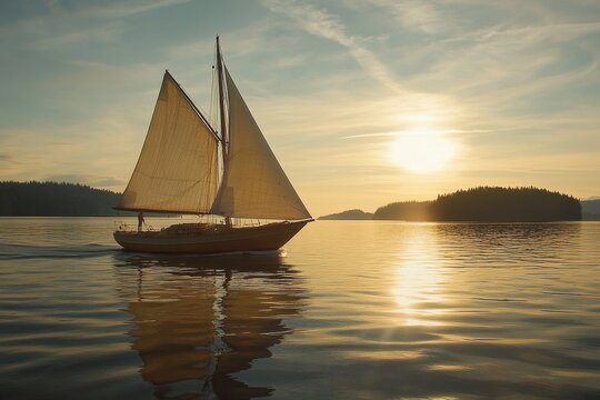 Sailboat glides across calm waters at sunset in a serene coastal landscape, Footage of a sailboat sailing along with sails up and tilted by the wind, British Columbia - Powered by Adobe