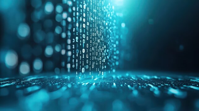 A continuous stream of binary code flowing across a dark background, representing the vast amounts of digital information constantly being generated and transmitted.