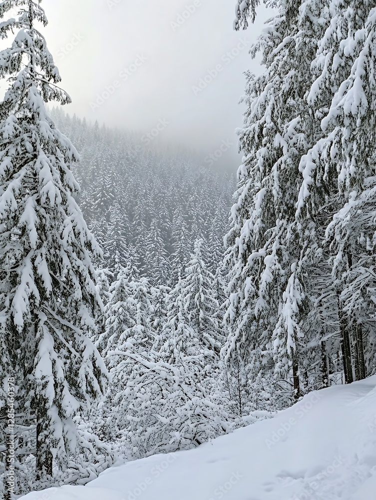 Poster serene winter landscape with snow-covered pine trees and fog : generative ai