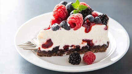 Delicious cheesecake topped with fresh raspberries and blackberries on a white plate : Generative AI