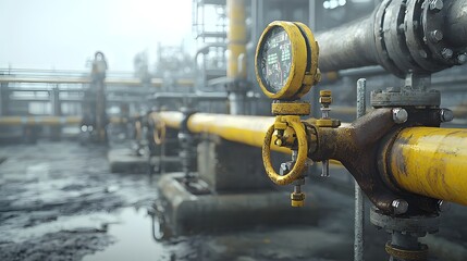 Fototapeta premium A close up view of a network of pipes valves and other industrial equipment transporting crude oil through a large scale petroleum refining plant or facility