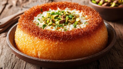 Delicious Kanafeh Nabulsi With Pistachios on Rustic Wooden Table