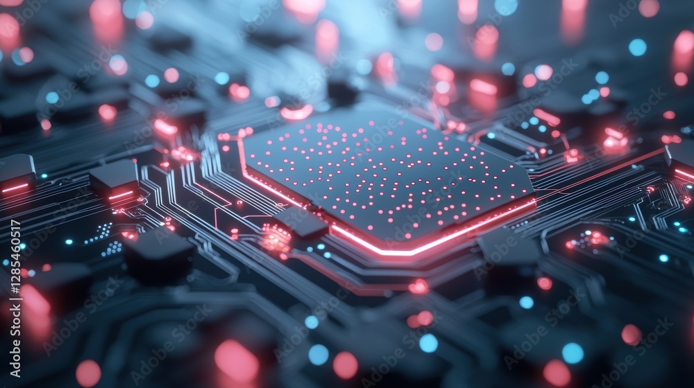 Poster a close up shot of a circuit board with glowing nodes and data packets flowing through its intricate